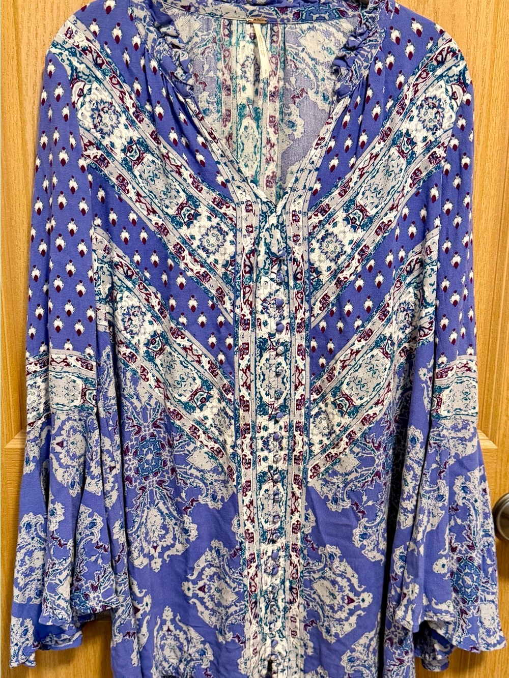 Free People Blue Boho Print Ruffle Neck Bell Sleeve Blouse Women’s Small